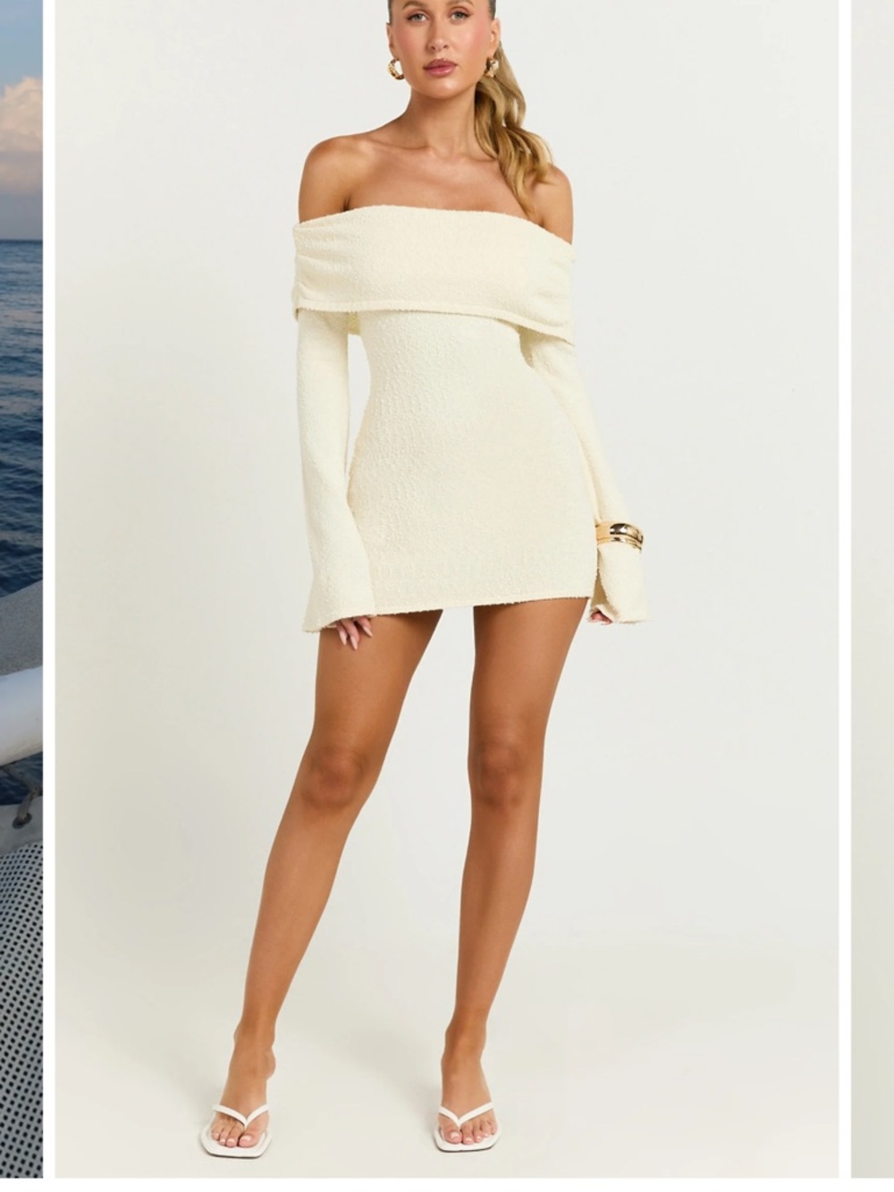 Showpo Off-Shoulder Long Sleeve Mini Dress in Cream